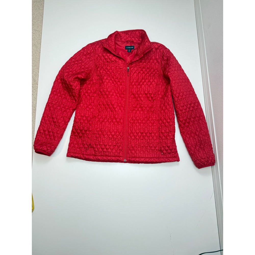 Lands End Kids Red Quilted PrimaLoft Full Zip Jacket Mock Neck‎ Size L 14-16